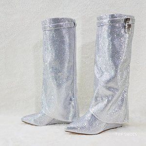 Bling Bling Silver Rhinestone Fold Over Skirted Sharky 3" Wedge Heels